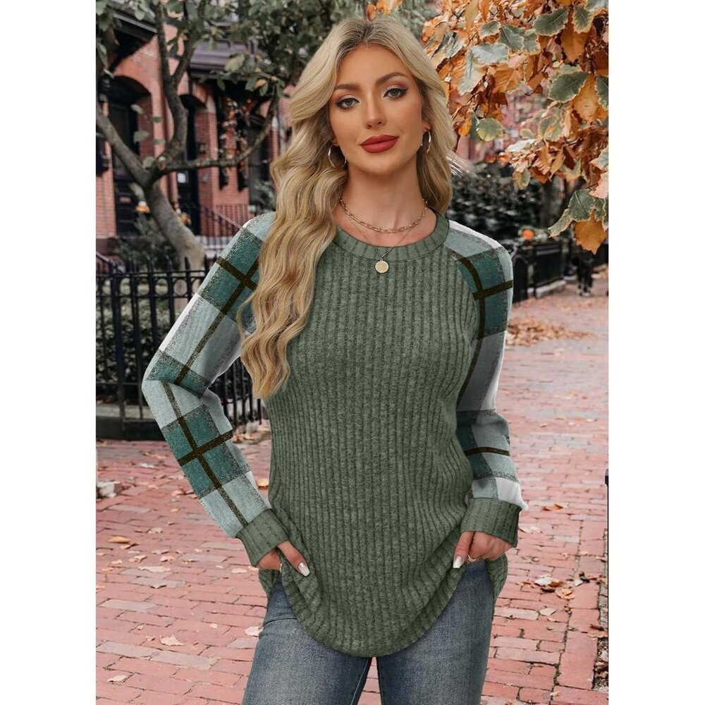 Women's green Plaid  Color Block Long Sleeve Shirt Lightweight Sweater - Picture 3 of 5